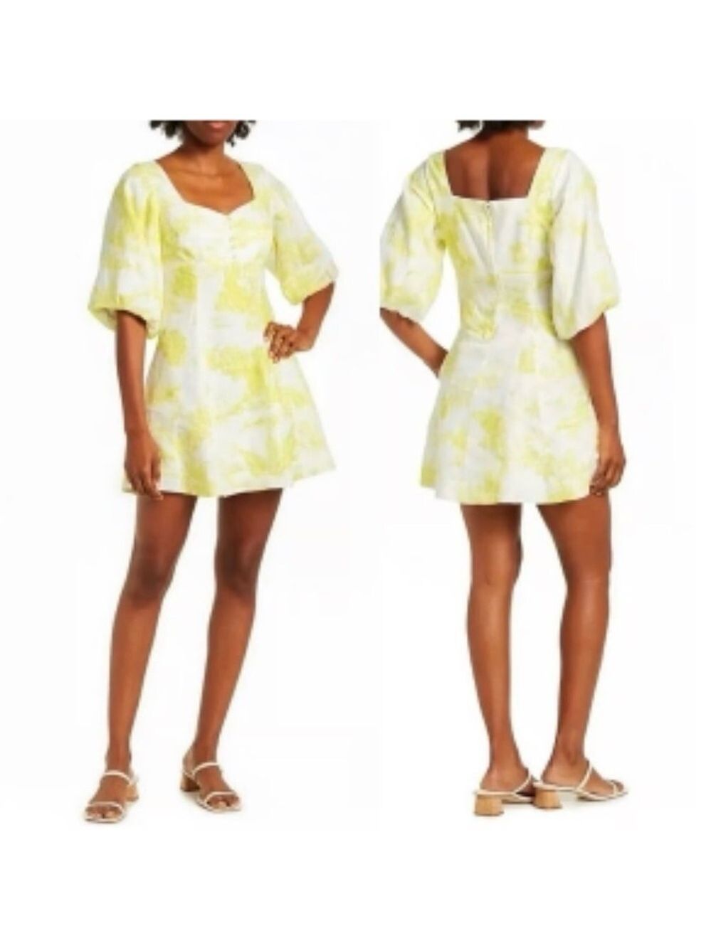 NICHOLAS Lydia Linen Puff Sleeve Mini Dress in Varley Toile Limeade Size 6